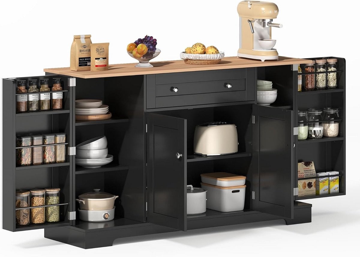 Modern Multifunctioneel Keukenbuffet Sideboard met 4 Deuren en Lade - Zwart - Breedte: 138 cm