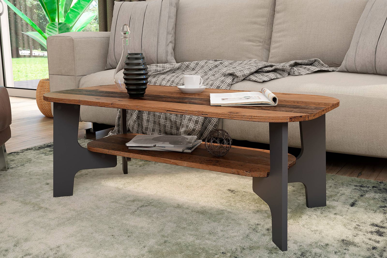 byLIVING salontafel JONNY met opbergplank, houtmotief Old Wood en antraciet, Breedte: 110 cm, Diepte: 55 cm, Hoogte: 43 cm