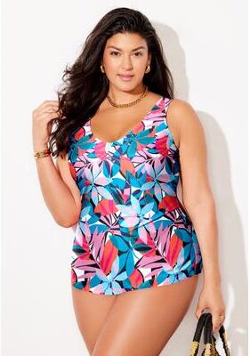 Plus Size Women's Sarong Front One Piece Swimsuit by Swimsuits For All in Rio Tropical (Size 12)