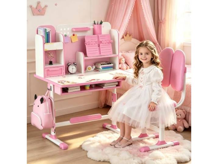 Kinderschreibtisch Set höhenverstellbar, Schreibtisch Kinder, Sitzkorrektur ergonomisch, 80 cm Schreibfläche, Schublade, Buchständer, Fußpedal, Rucksackhaken, 3-18 Jahre, Stahlrahmen Rosa
