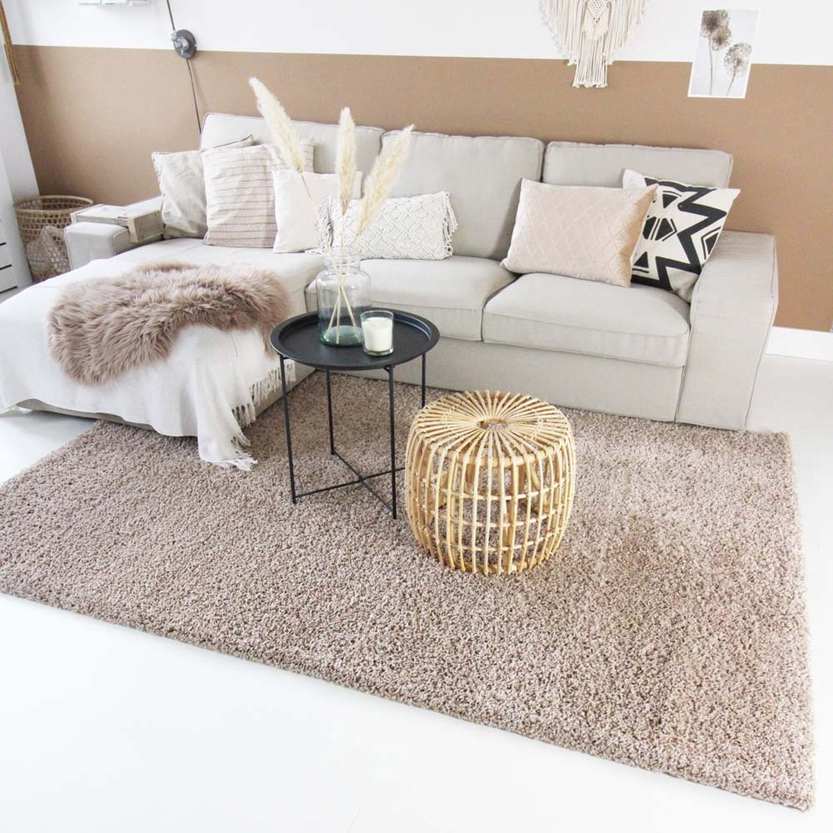 Tapeso Shaggy Trend Vierkant Hoogpolig Vloerkleed Beige 300 x 300 cm