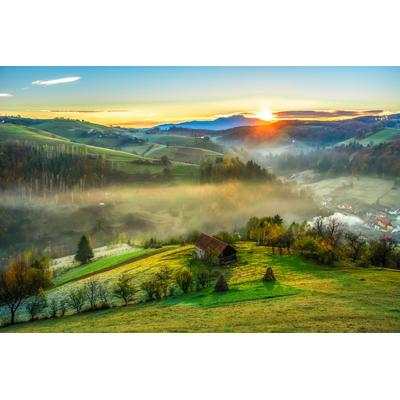 Fototapete PAPERMOON "PANORAMA-LANDSCHAFT DORF WIESE NEBEL GEBIRGE SONNE WALD", bunt, B:4m L:2,6m, Vlies, Tapeten