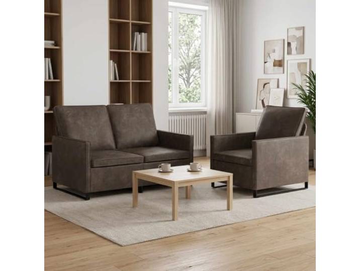 Sofa-Set 2 pcs Dunkelgrau Kunstwildleder Metallrahmen,Kissenrücken-Design,Schaum-Kissen,einfache Pflege,Wohnzimmer