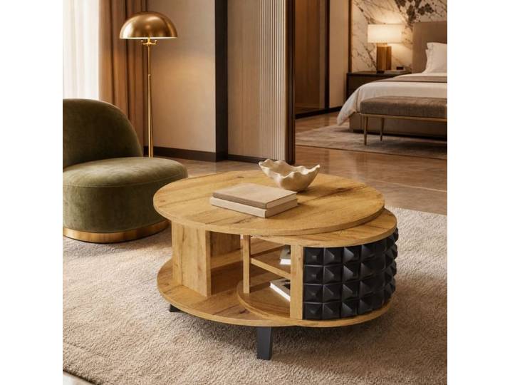 Table basse rotative – effet bois naturel – rangement dissimulé – double plateau