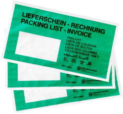 Dokumententasche Lieferschein/Rechnung, DIN lang, mit Fenster, schwarz auf grün, Pergamin-Papier, 250 Stck.