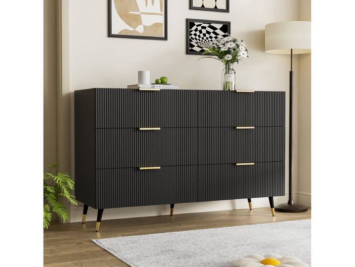 IDEASY Kommode Sideboard mit 6 Schubladen, Goldfarbene Griffe & Beine (Belastbar bis 60 kg, 15 cm hohe Beine für einfache Roboterreinigung), Elegante Kommode, Stilvolles Design für jedes Zuhause