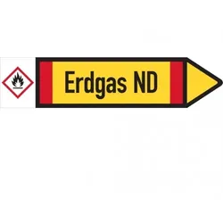 Dreifke® Rohrleitungskennzeichen-Etikett Erdgas ND, rechts, DIN, gelb/schwarz/rot, ab 90mm Ø, 440x100mm, 2/Bogen