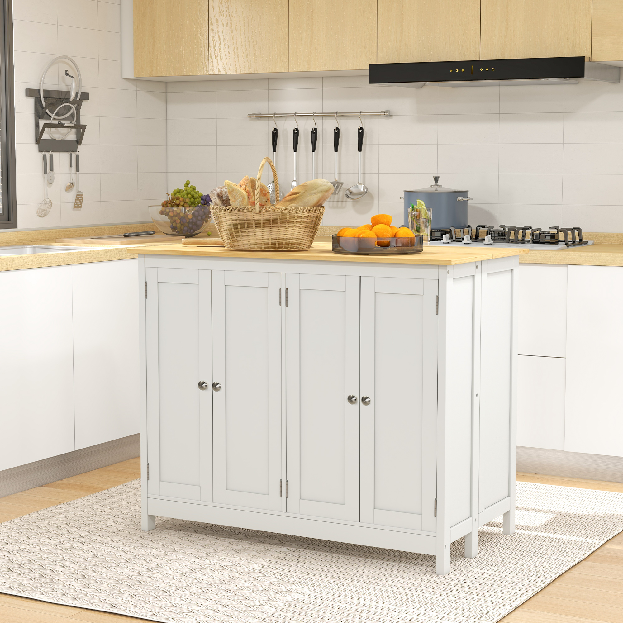 Homcom Isola Cucina con 2 Sgabelli Piano Lavoro Ribaltabile 2 Armadietti con 4 Porte Design Moderno Bianco