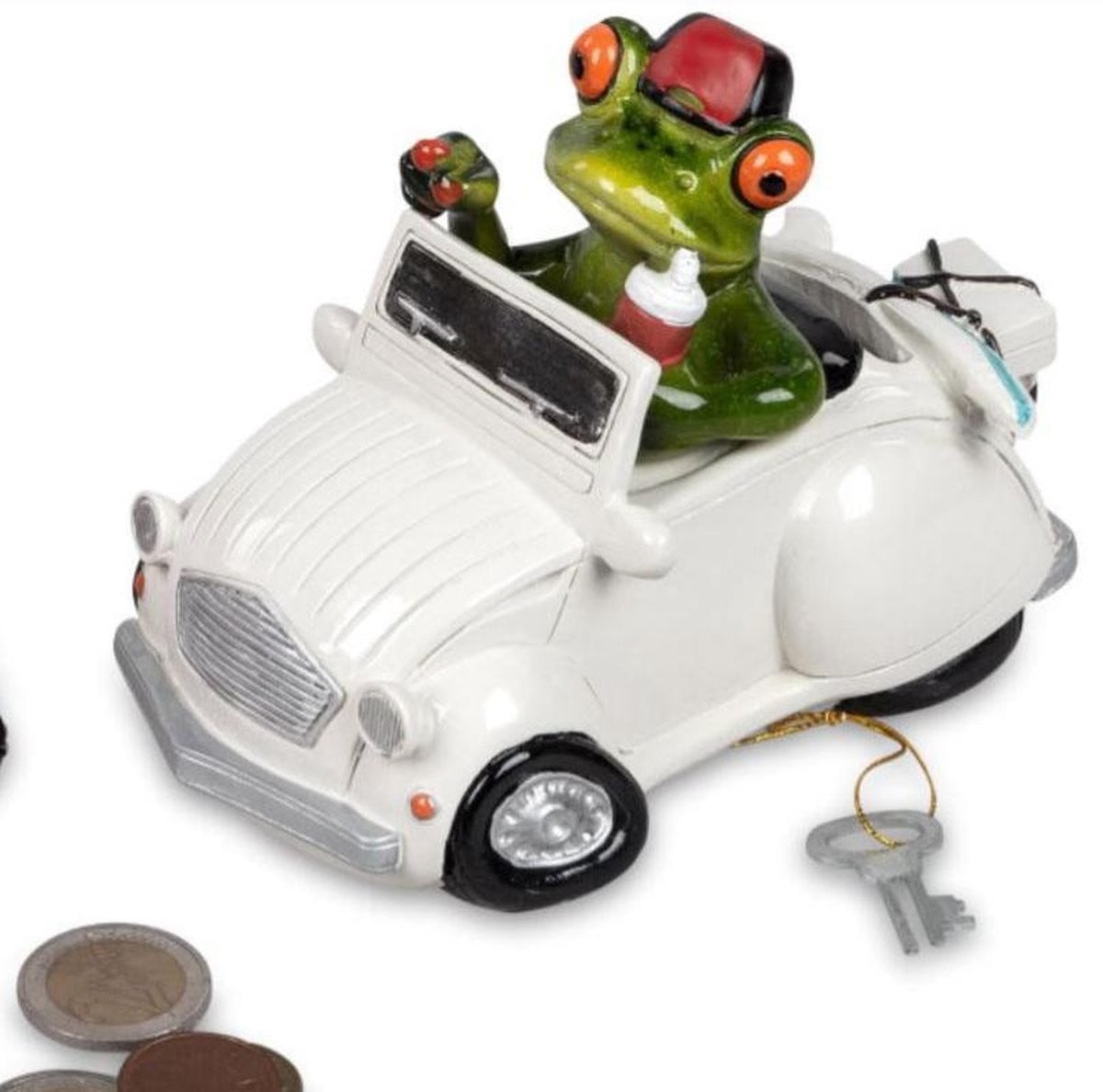 Wit kikker beeldje spaarpot met auto
