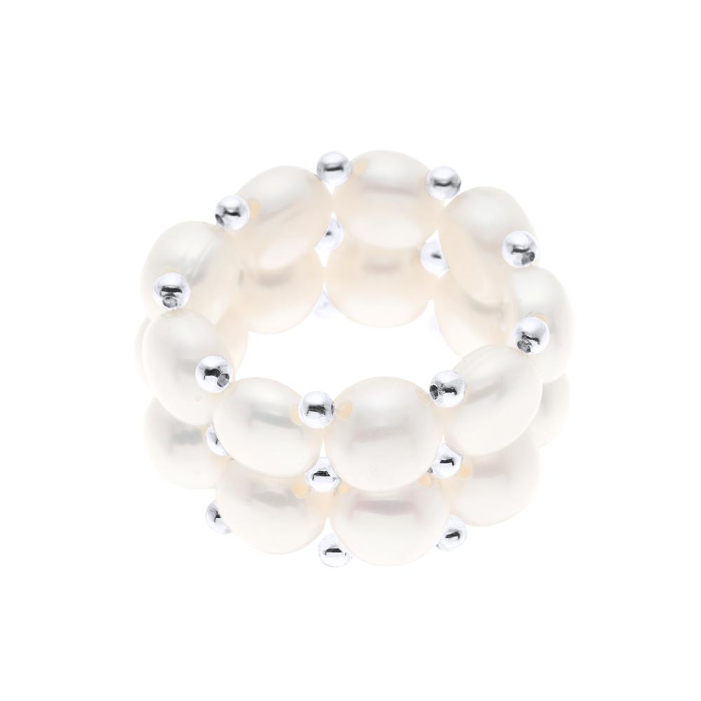 Ring 2 Rijen - Handgemaakt - van Echte Zoetwaterperler - KLEUR NATUURLIJK WIT - 4 mm