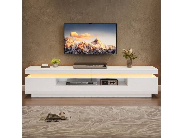 Comfyu - Meuble TV laqué brillant 175 cm - avec 2 caissons en L et tiroir éclairage LED pour téléviseurs jusqu'à 75 pouces - Blanc
