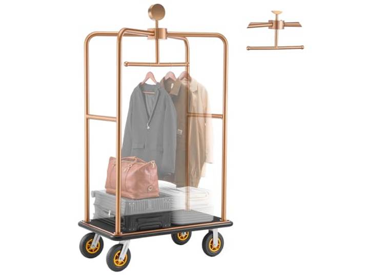 VEVOR Chariot à Bagages d'Hôtel\, Charge Max. 544\,31 kg\, Chariot Porte-Bagages avec Barre de Suspension pour Complexes Hôteliers\, Cadre INOX\, Roues en Caoutchouc 203 mm\, Plateau Moquetté Noir\, Or Rose
