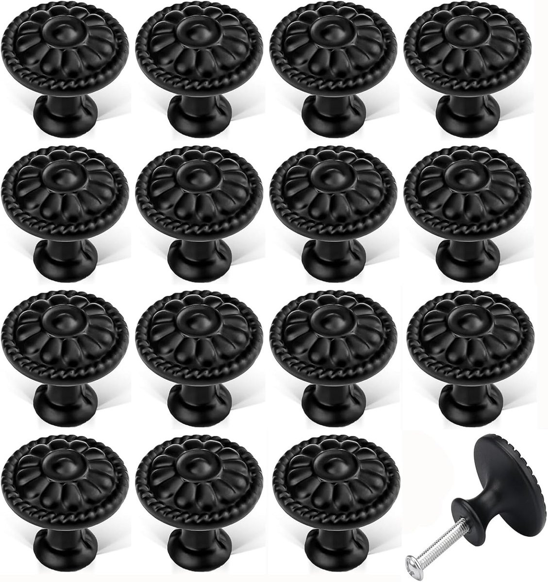 16 Stuks Bloemige Deurgrepen - Zwarte Vintage Meubelknoppen voor Keuken en Slaapkamer