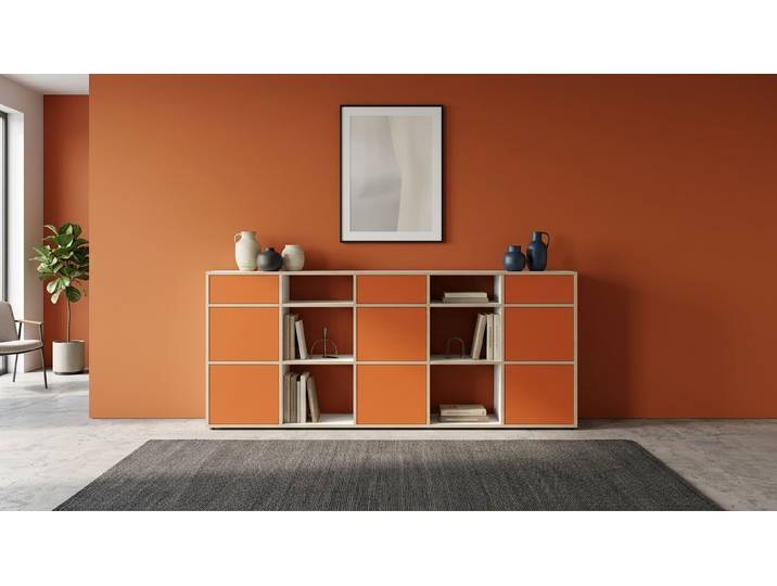Oranges Sideboard mit vielen Optionen wie vom Tischler, Orange Kommode Premium Dekore Weiß Multiplex Kante