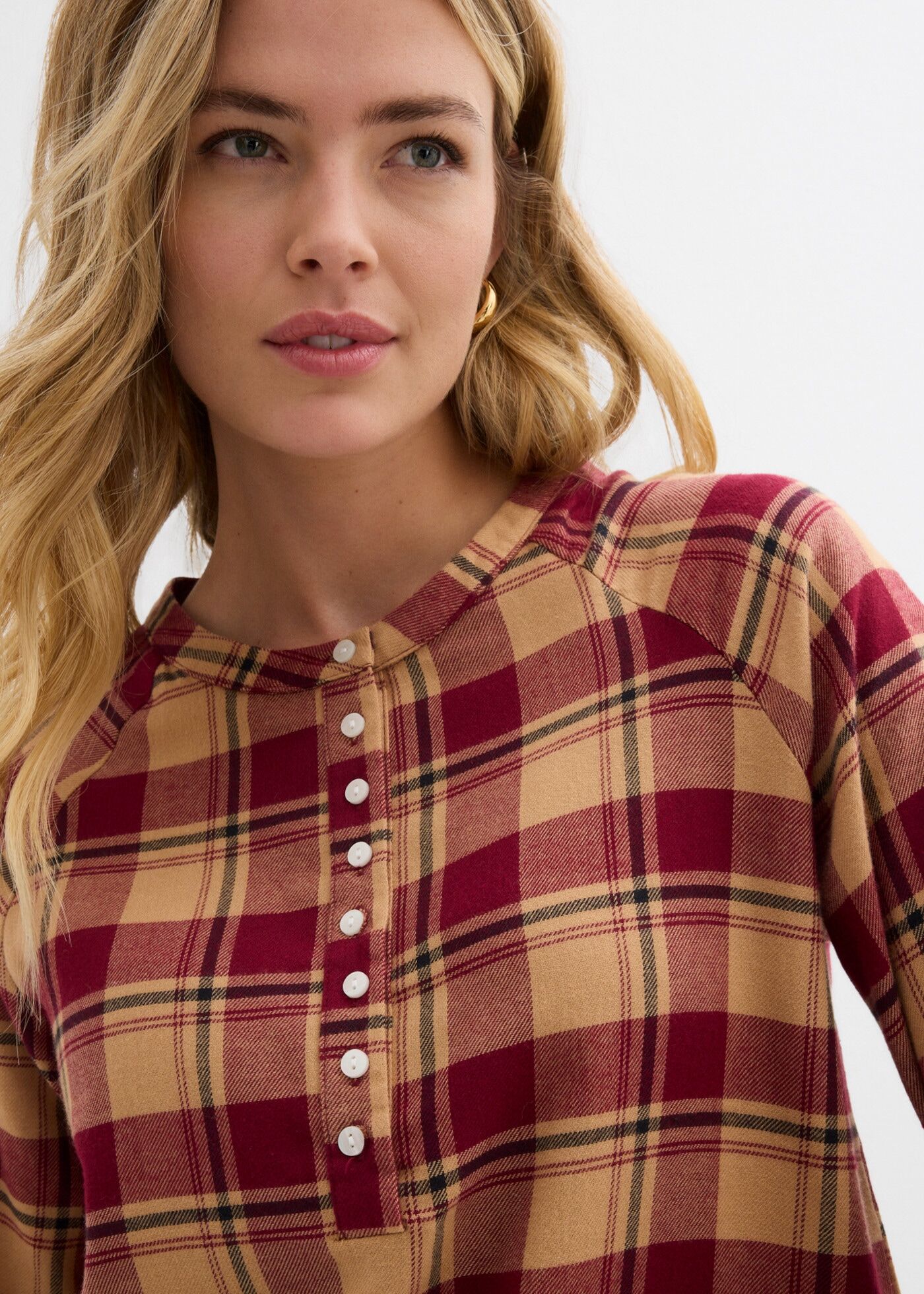 Tunika BONPRIX, Damen, Gr. 40, braun (pflaumenrot kariert), Obermaterial: 100% Baumwolle, A-Linie, Tuniken Tunika, Baumwollbluse, in hüftbedeckender Länge, mit elastischem Ärmelbündchen