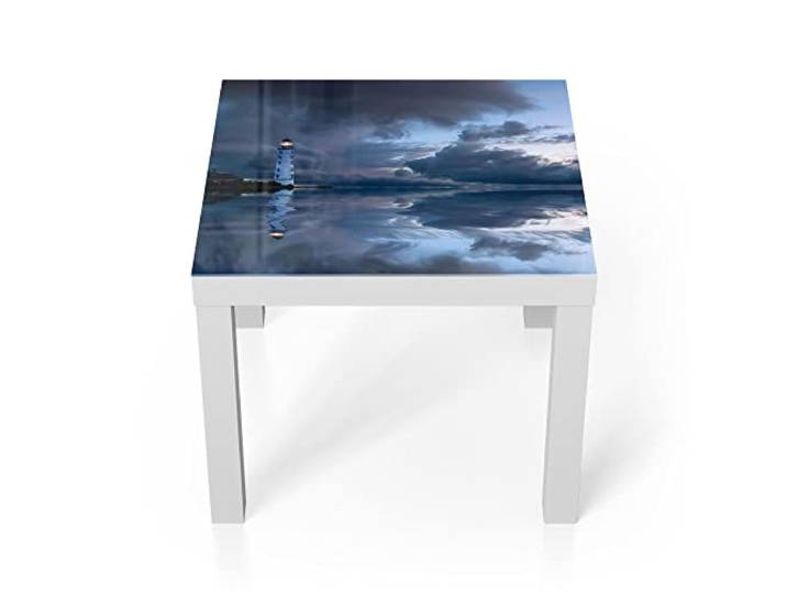 DEQORI Glastisch weiß klein 55x55 cm Motiv Leuchtturm im Abendlicht ausgefallener Beistelltisch aus Glas Hochglanz Couchtisch fürs Wohnzimmer moderner Couch Tisch mit Design