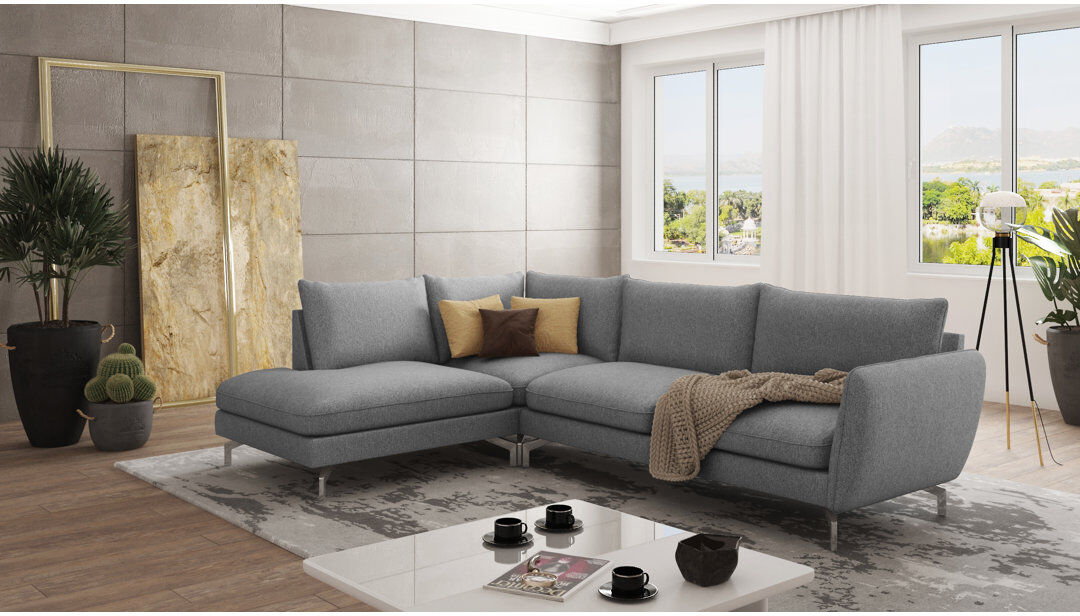 S-Style Furniture Modern L-Shape Corner Sofa with Silver Metal Legs Grey 87cm H X 277cm W X 200cm D