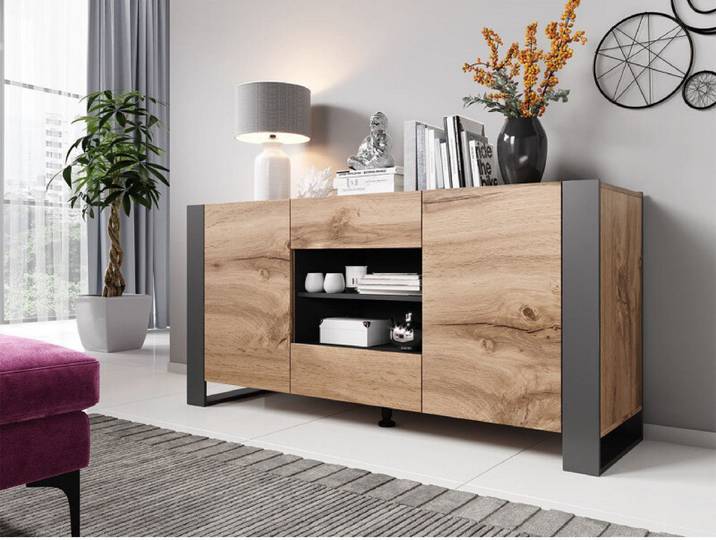 MIRJAN24 Kommode Wood, Stilvoll Sideboard mit zwei Schubladen und Türen, Moderne Füße (Farbe: Wotan / Anthrazit)