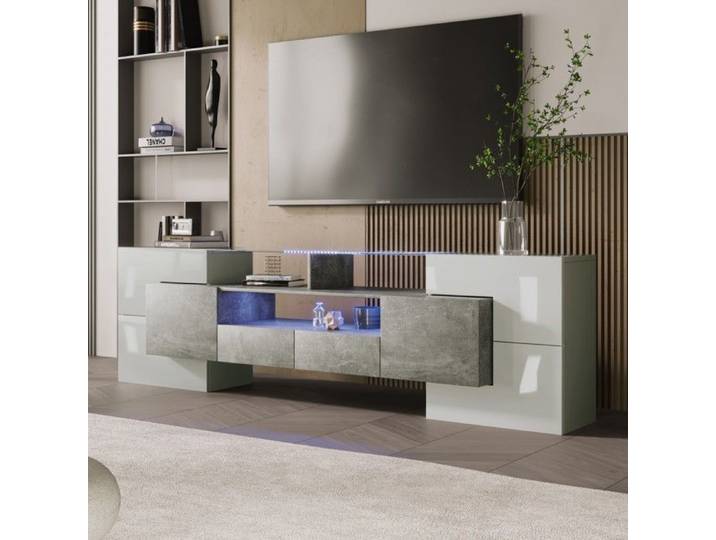 Meuble TV 200cm Blanc Brillant - Plateau Verre Gris LED - Lowboard Moderne - Rangement Élégant - Salon