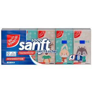 Gut&Günstig Taschentücher sooo sanft, Designedition, Päckchen, Zellstoff, 4-lagig, weich & sicher, je 10 Tücher, 15 Stück