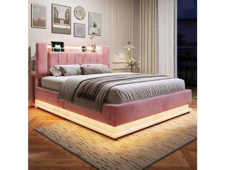 ULEVR Lit coffre rembourré rose 160 x 200 cm velours LED USB rangement hydraulique et lattes métalliques