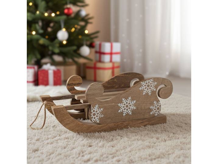 Deko-Schlitten aus Mangoholz, weisse Schnitzerei, Weihnachts-Deko, 32 x 14 x 18 cm