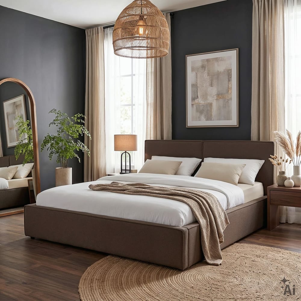 IDIMEX Lit double rembourré 160x200, grège Marron 175x94x221cm