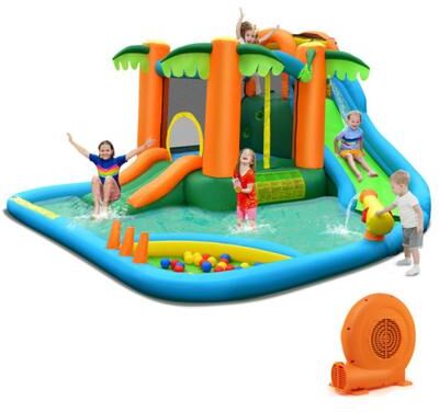 Costway 7-in-1 Inflatable Water Slide Park with Trampoline Climbing and 680W Blower