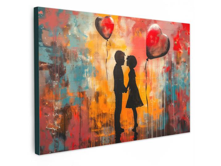 MuchoWow Leinwandbild - Straßenkunst - Liebe - Graffiti - Kunst - Banksy - 120x80 - Kunstdruck, Orange, Textil, Kiefer, Abstrakt, Rechteckig, 120x80 cm, gerahmt, Bilder & Rahmen, Bilder, Wandbilder