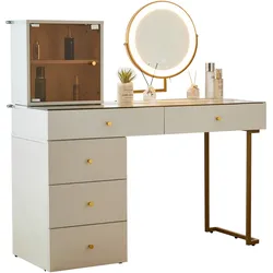 Schminktisch-Set Weiß Gold 120x45x115 cm mit LED-Spiegel, 3 Farbmodi, flexibler Seitenschrank, Makeup Tisch, modernes Design, Schlafzimmer