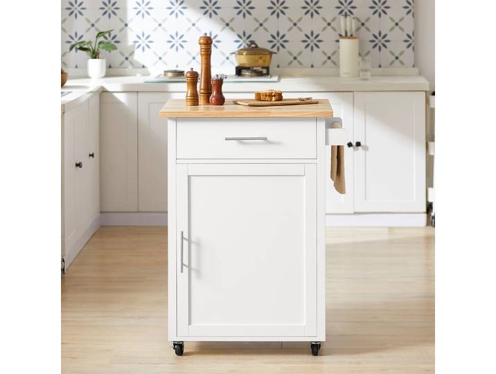 SoBuy FKW102-WN Chariot de cuisine avec plaque de travail Chariot latéral avec porte et tiroir Chariot à boissons pour bureau Blanc nature