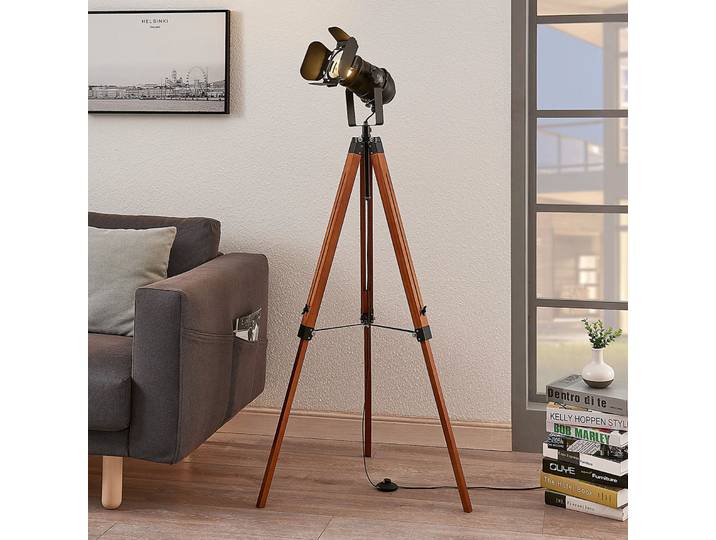 Hilma Stehleuchte Wood/Black - Lindby - Wohnzimmer - Industrielles Design - Holz - Dreibein