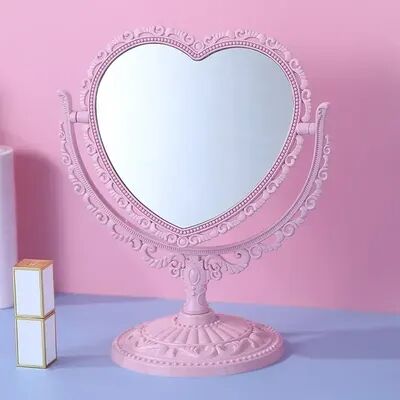 Inspire Daily Merch Oval Pink Heart Shape Style Retro Make Up Mirror For Dormitory pink Heart