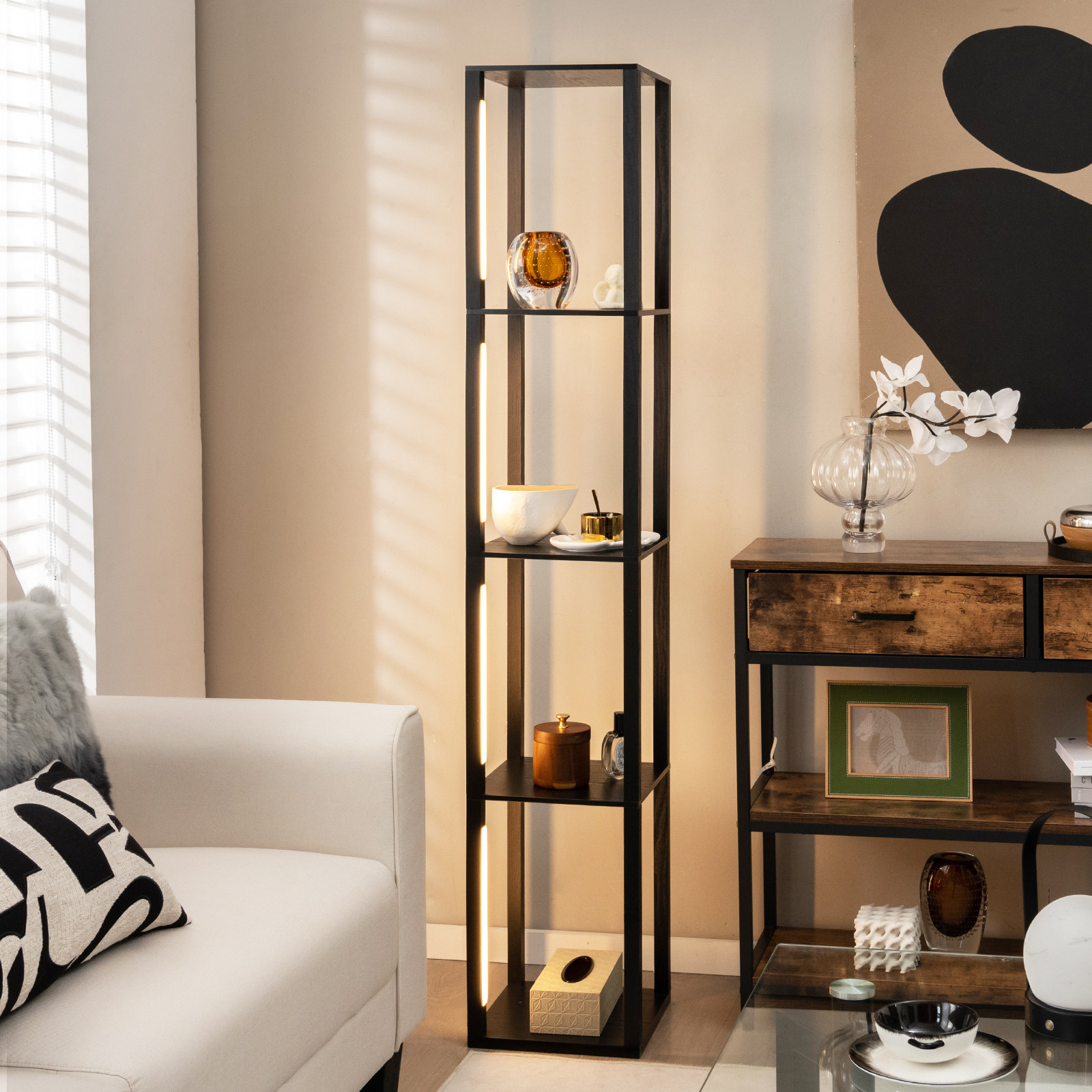 Costway Moderne Staande Lamp met Opbergplank en 3-traps Dimbare LED-verlichting, Zwart