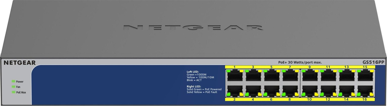 Netgear GS516PP-100EUS Unmanaged Switch met 16x Gigabit poorten en High Power PoE