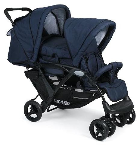 274 52 Geschwisterwagen Duo, Jeans navy, blau | Komfort-Tandemwagen im edlen Jeans Navy Look. Komplettset inklusive Soft-Tragetasche, Regenschutz & viel Stauraum.