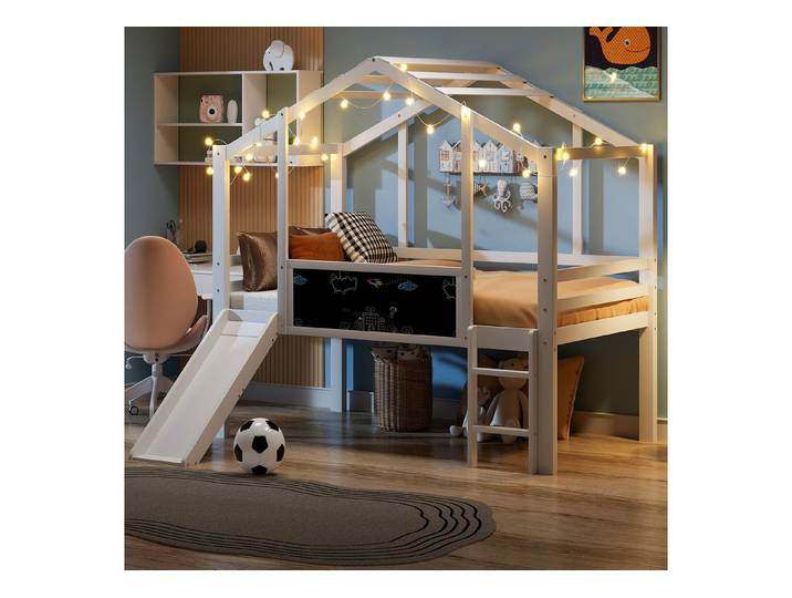 OKWISH Kinderbett Hochbett Holzbett (mit Rutsche & Leiter, Massivholzbett im Hausstil, Kreativ-Tafel, 90×200 cm), ohne Matratze