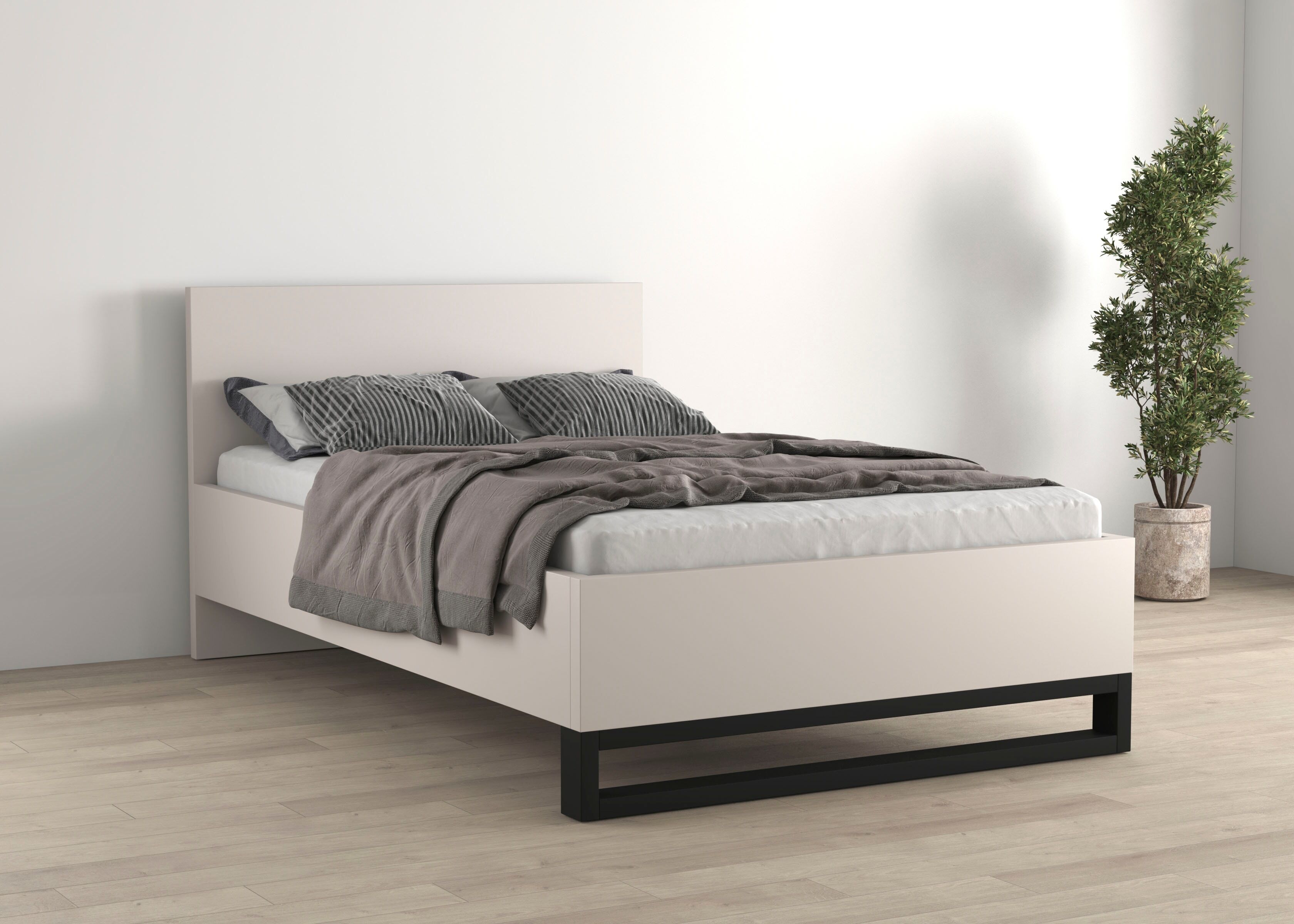 Bettgestell HOME AFFAIRE "Bronne, Topeseller, Industrial Design", beige (kaschmir, kaschmir, schwarz), B:148cm H:93,5cm L:208,6cm, Betten, Bettgestell, Stauraumbett in drei Breiten, stabil mit Kufen in Metalloptik kaschmir, kaschmir, schwarz Liegefläche L