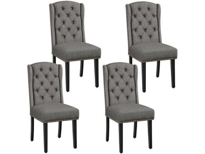 Yaheetech Lot de 4 Chaises de Salle à Manger en Tissu Éponge Design Classique Boutonné avec Pieds en Bois Massif Gris clair