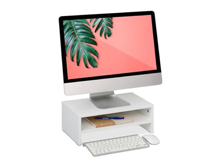 Relaxdays Support pour moniteur\, HxLxP : 14 x 40 x 23\,5 cm\, rehausseur écran\, avec compartiment\, pour le bureau\, blanc