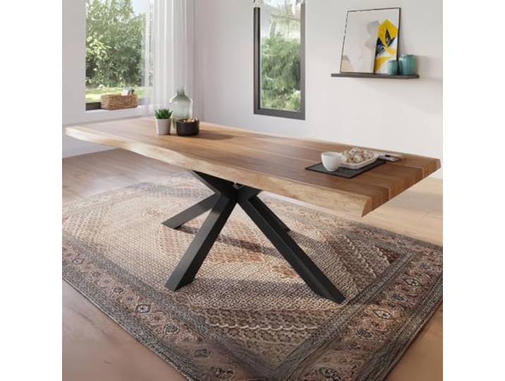 trelevo Esszimmertisch 240x100 cm naturfarben Spider-Gestell Baumkante Akazienholz massiv, Tischplatte, schwarz, Baumkantentisch