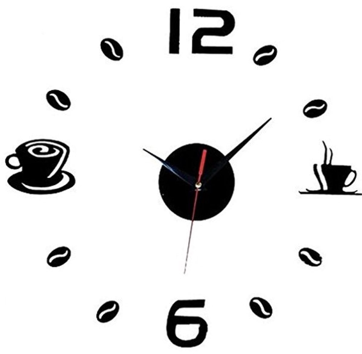Dailygoods Dailygoody Grote Wandklok DIY Muursticker Klok - Zwart - Koffie en Thee Thema