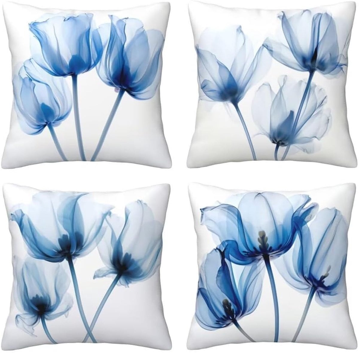 Set van 4 blauwe fluwelen kussenslopen met dubbelzijdig patroon, 35 x 35 cm