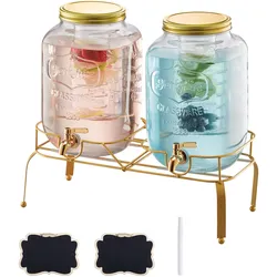 VEVOR Getränkespender (2 x 8 L) für Partys Saftspender (aus Glas) mit tropfsicherem Zapfhahn & Metallständer Wasserspender für Restaurants Partys, Limonade Eistee selbstgemachte Getränke Spender