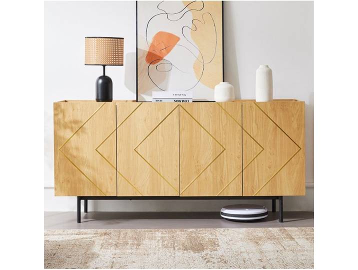 MEULVA Buffet bas 4 portes 160 cm en panneaux de particules finition naturel avec incrustation métal