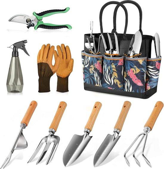 Unyqoos Tuingereedschapset, 9-delig, met tas en schaar, zwart-oranje