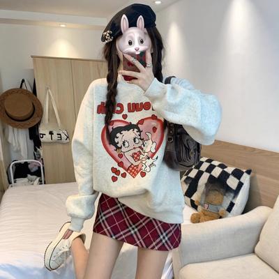 Top Demand Picks Loose, Comfortable Design, Womens Hoodless Sweatshirt, Mid Length Lazy Style, Versatile Outerwear Top, Autumn Winter s white Gray