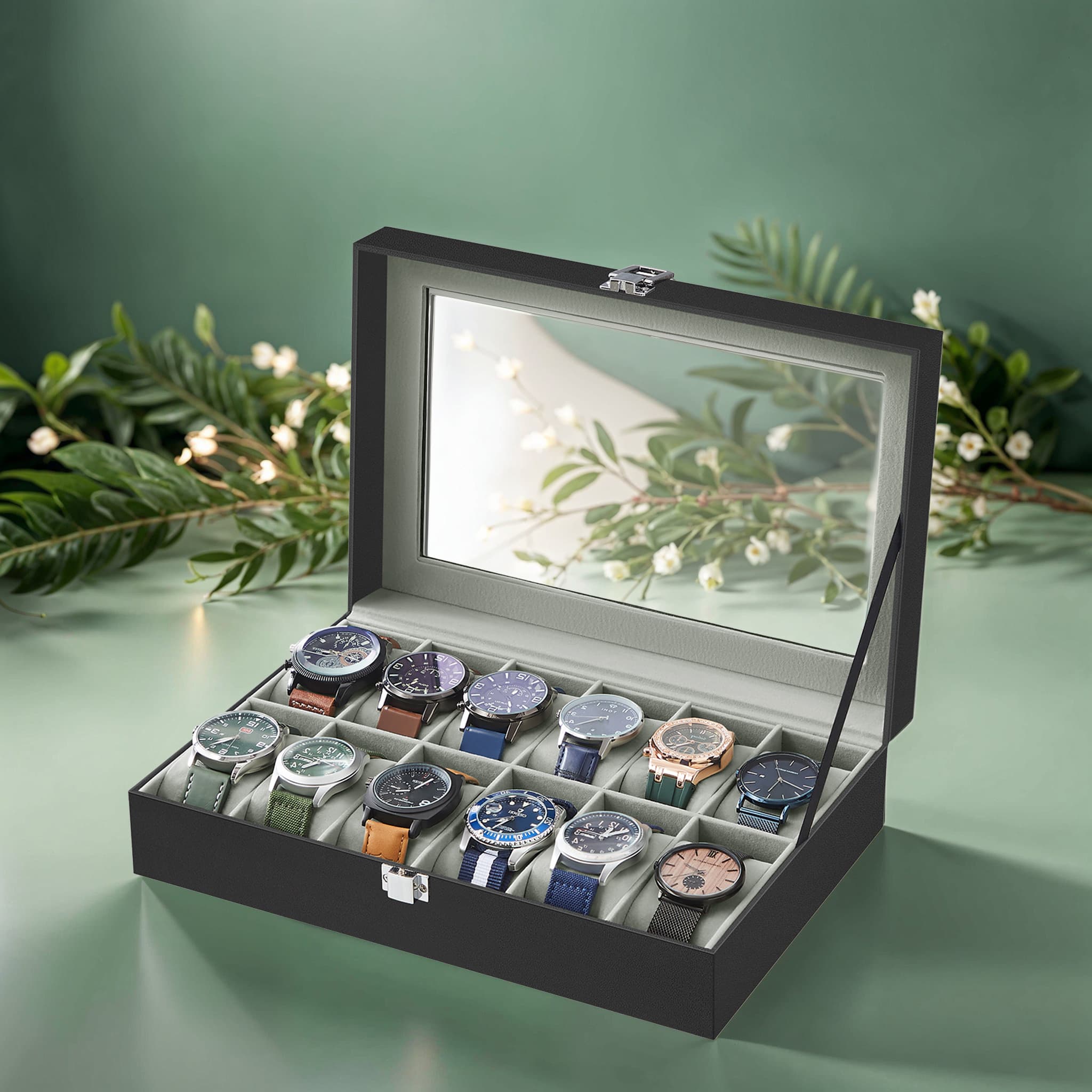 SONGMICS Uhrenbox mit 12 Fächern, Uhrenkasten, Glasdeckel, JWBB3512BK