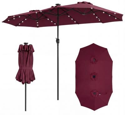 Costway 13 FT Double-Sided Patio Umbrella Large Rectangle Market Umbrella with 36 LED Lights-Wine