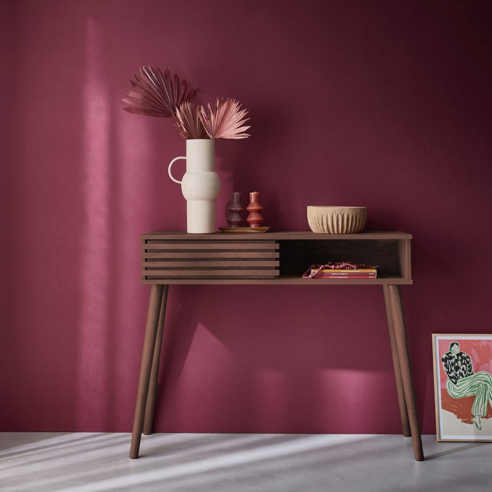 sweeek Console décor bois noyer avec porte coulissante Marron 29x81x100cm